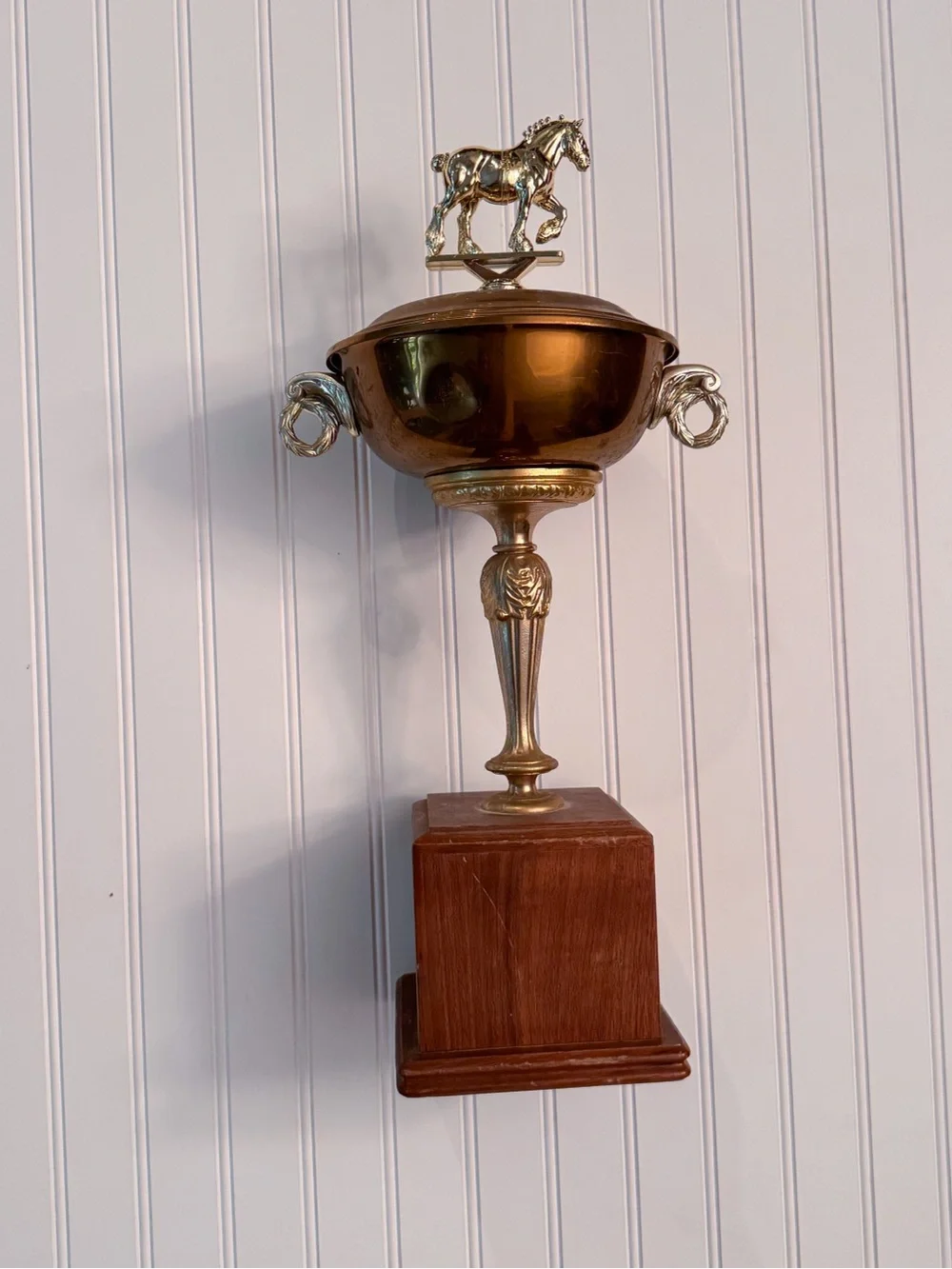 Vintage Brass Equestrian Trophy Urn with Horse Finial